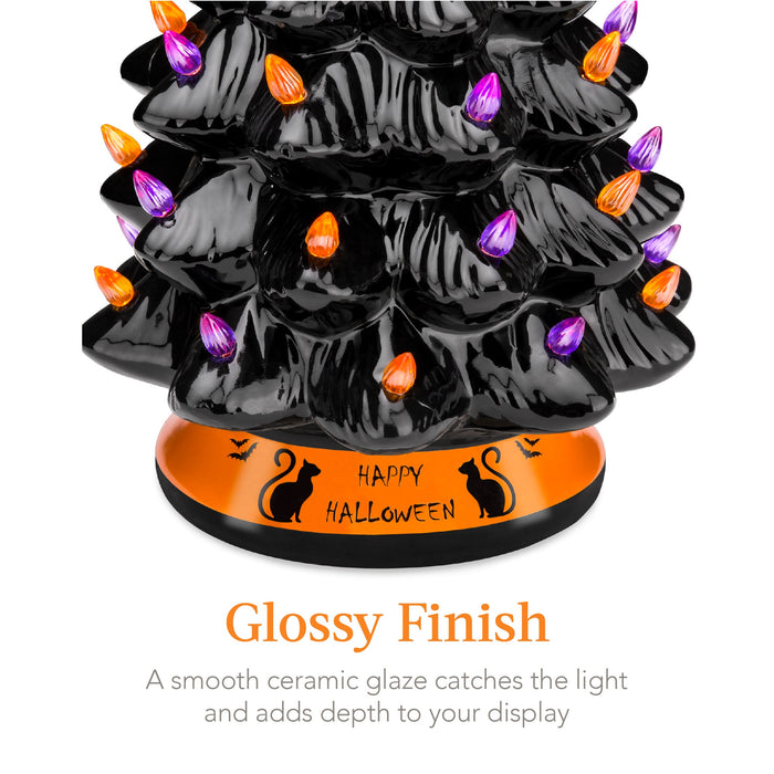 Ceramic Halloween Tabletop Tree w/ Orange & Purple Bulb Lights - 15in