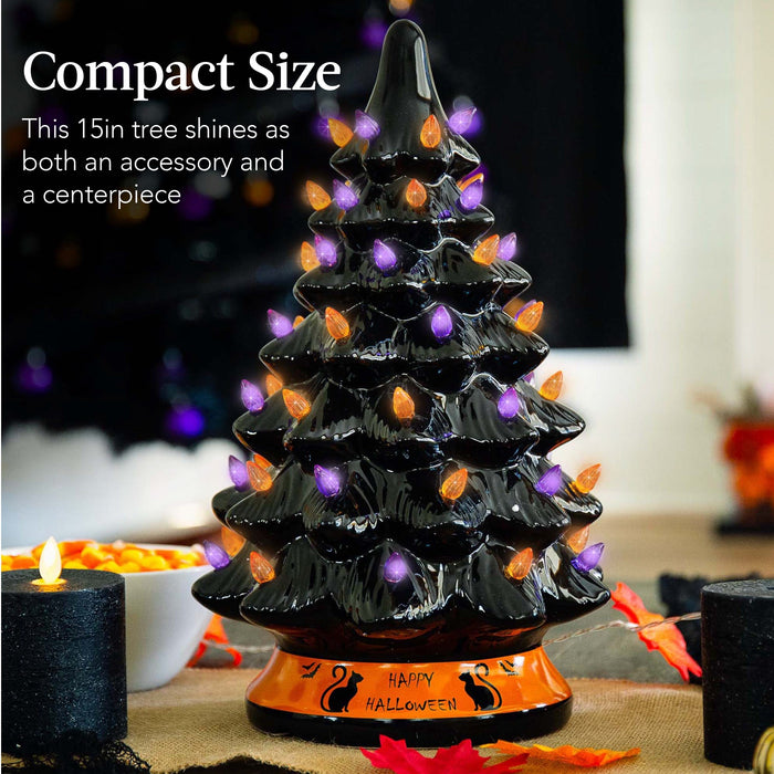 Ceramic Halloween Tabletop Tree w/ Orange & Purple Bulb Lights - 15in