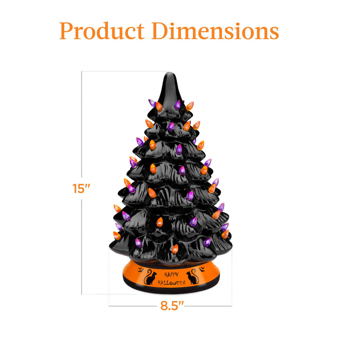 Ceramic Halloween Tabletop Tree w/ Orange & Purple Bulb Lights - 15in