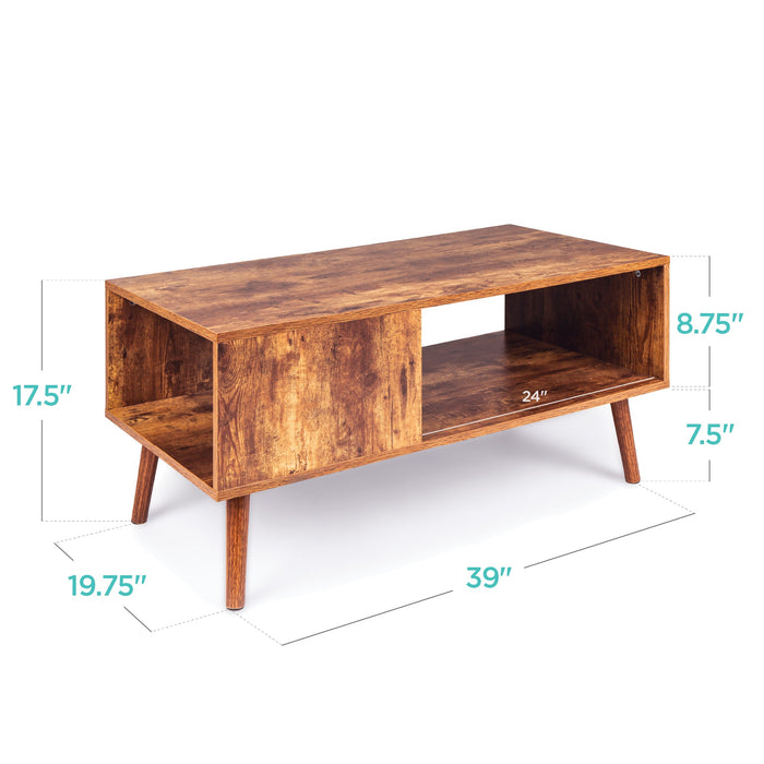 Wooden Mid-Century Modern Coffee Accent Table w/ Open Storage Shelf