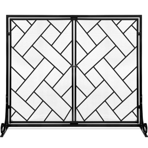 2-Panel Wrought Iron Geometric Fireplace Screen w/ Magnetic Doors - 44x33in