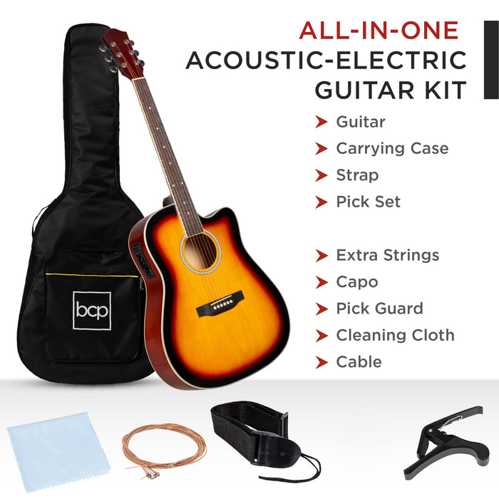 41in Beginner Acoustic Electric Cutaway Guitar Set w/ Case, Strap