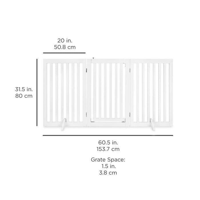 31.5in 3-Panel Freestanding Wooden Pet Gate w/ Door, Support Feet