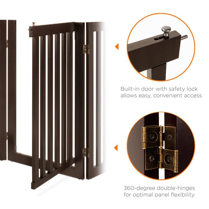 31.5in 4-Panel Freestanding Wooden Pet Gate w/ Door, Support Feet