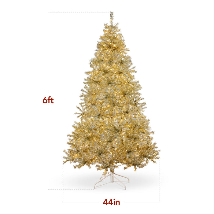 Prelit Gold Artificial Tinsel Christmas Tree w/ Foldable Stand