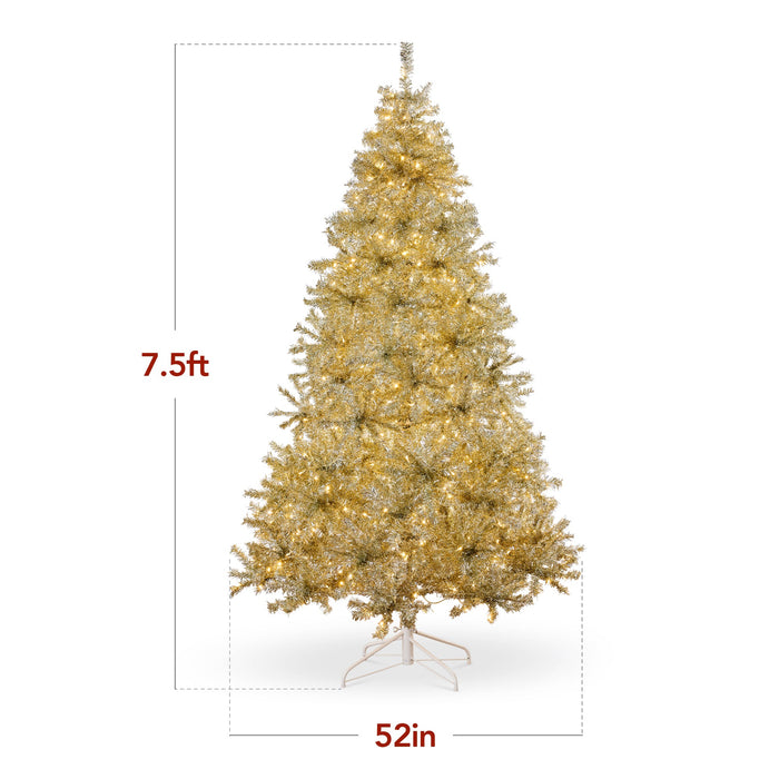 Prelit Gold Artificial Tinsel Christmas Tree w/ Foldable Stand