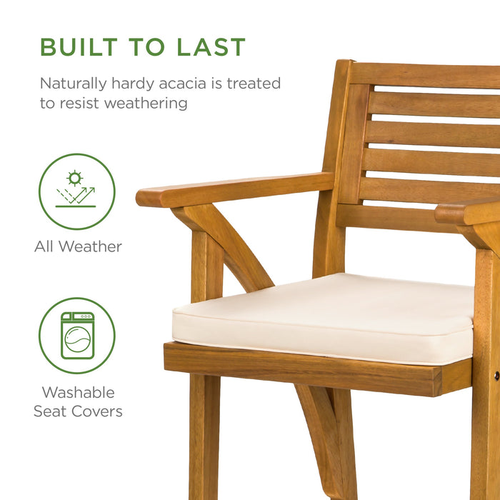 Set of 2 Outdoor Acacia Wood Bar Stools Chairs w/ Weather-Resistant Cushions