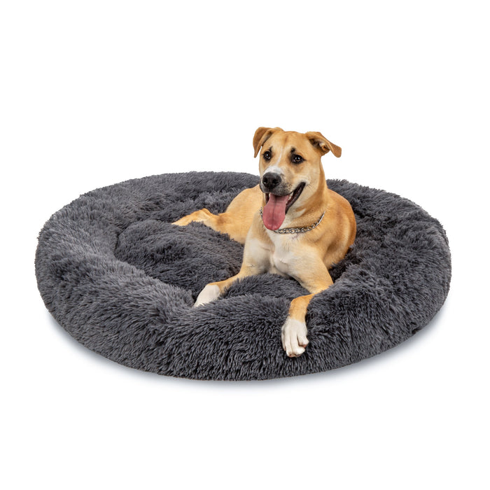 Self-Warming Shag Fur Calming Pet Bed w/ Water-Resistant Lining - Gray