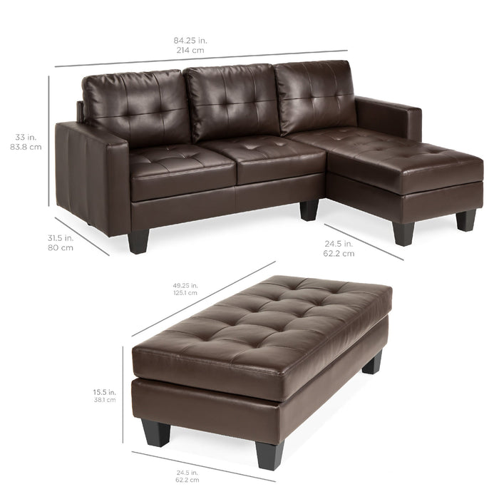 L-Shape Customizable Faux Leather Sofa Set w/ Ottoman Bench