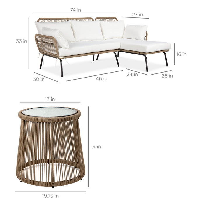 Rope Woven Sectional, L-Shape Sofa Set w/ Detachable Lounger, Table