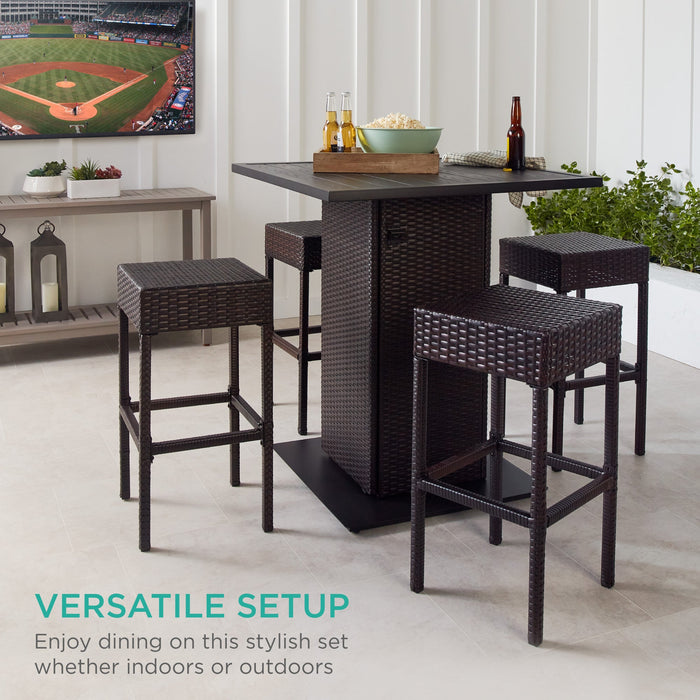 5-Piece Wicker Bar Set w/ 4 Stools, Built-In Bottle Opener, Hidden Storage