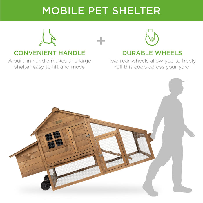 Mobile Wood Chicken Coop Tractor w/ Wheels, 2 Doors, Nest Box - 70in