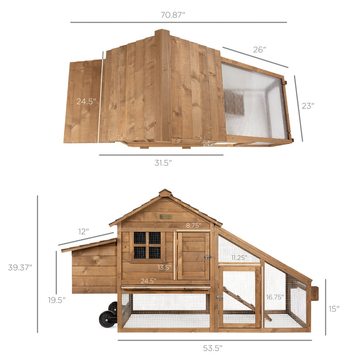 Mobile Wood Chicken Coop Tractor w/ Wheels, 2 Doors, Nest Box - 70in