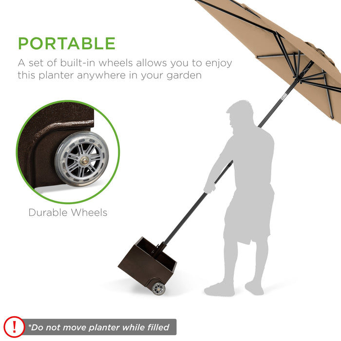 Portable Steel Umbrella Base Stand Up to 150 lbs w/ Fillable Planter, Wheels