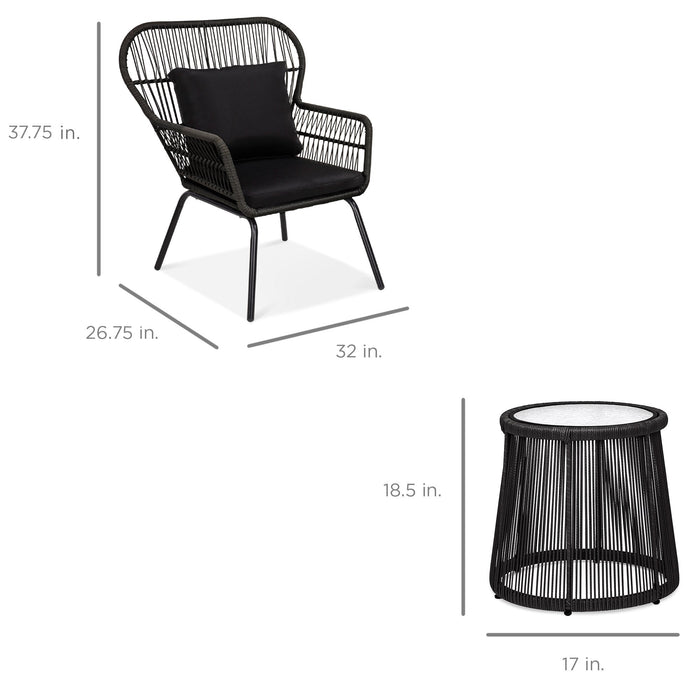 3-Piece Patio Wicker Conversation Bistro Set w/ 2 Chairs, Glass Top Table