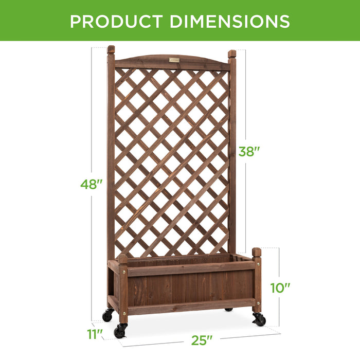 Wood Planter Box & Lattice Trellis w/ Drainage, Optional Wheels - 48in