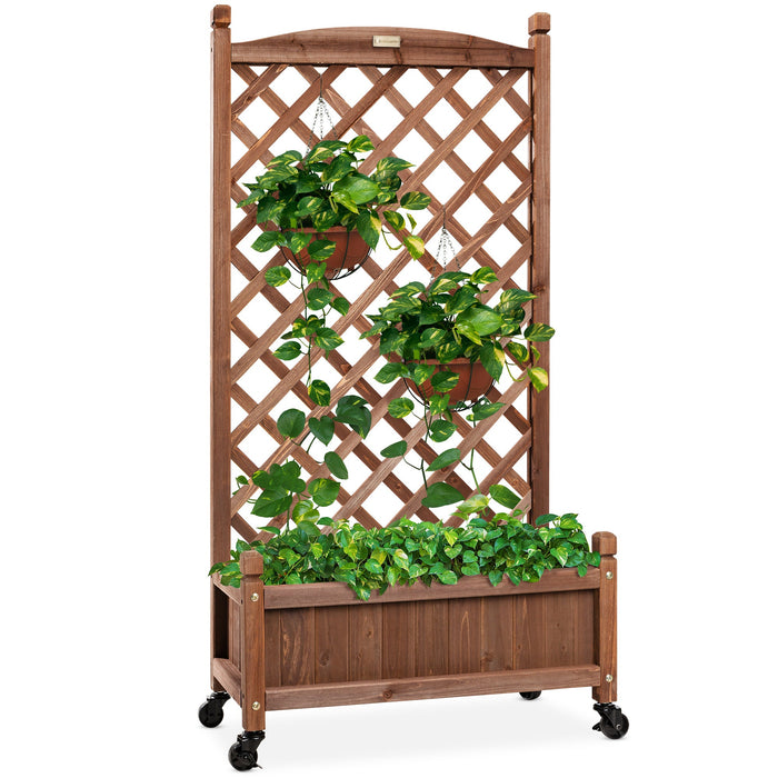 Wood Planter Box & Lattice Trellis w/ Drainage, Optional Wheels - 60in