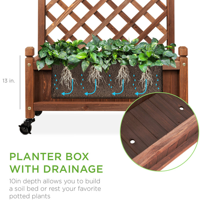 Wood Planter Box & Lattice Trellis w/ Drainage, Optional Wheels - 60in