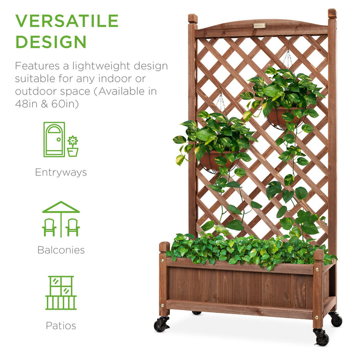 Wood Planter Box & Lattice Trellis w/ Drainage, Optional Wheels - 60in