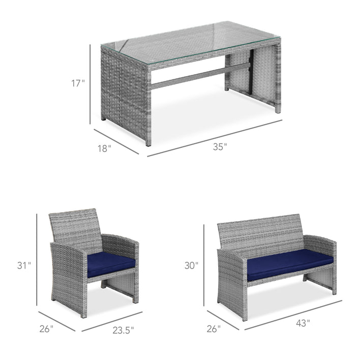 4-Piece Outdoor Wicker Conversation Patio Set w/ 4 Seats, Glass Table Top