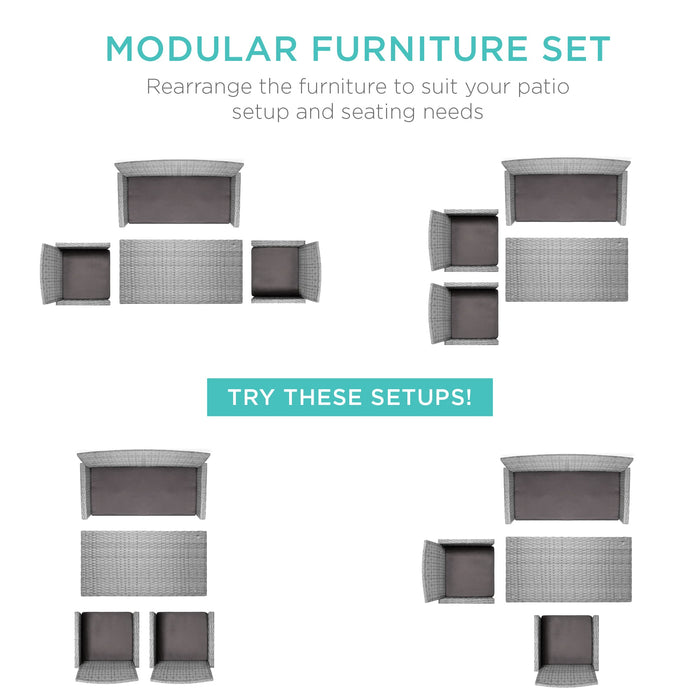 4-Piece Outdoor Wicker Conversation Patio Set w/ 4 Seats, Glass Table Top