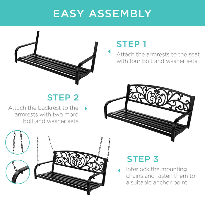 2-Person Metal Outdoor Porch Swing w/ Floral Accent, 485lb Weight Capacity