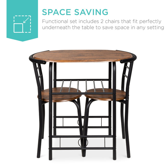 3-Piece Wooden Table & Chairs Dining Set w/ Lower Storage Shelf