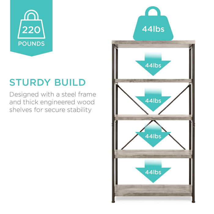 5-Tier Industrial Bookshelf w/ Metal Frame, Wood Shelves