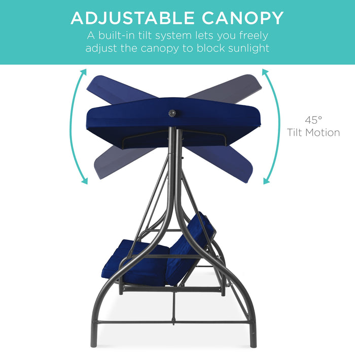 3-Seat Outdoor Canopy Swing Glider Furniture w/ Converting Flatbed Backrest