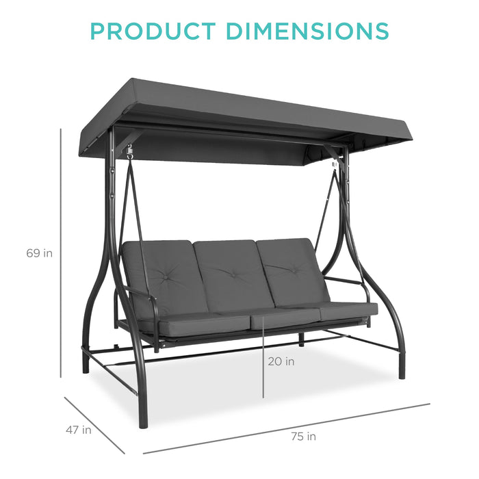 3-Seat Outdoor Canopy Swing Glider Furniture w/ Converting Flatbed Backrest