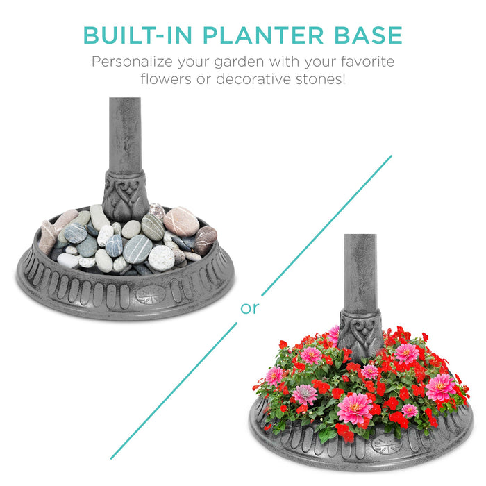 Bain d'oiseaux sur piédestal d'extérieur éclairé à l'énergie solaire avec jardinière et cage à oiseaux décorative