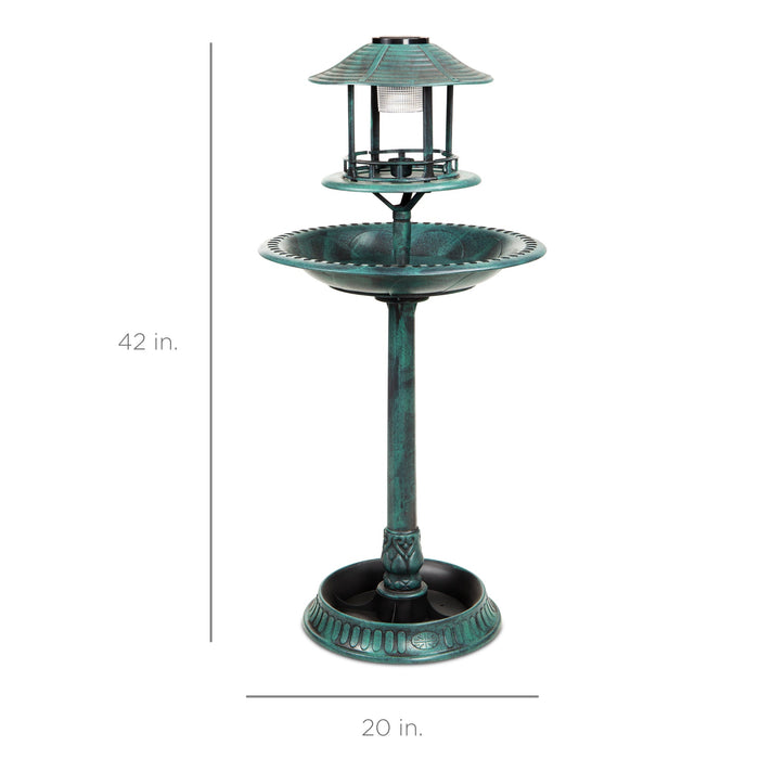 Bain d'oiseaux sur piédestal d'extérieur éclairé à l'énergie solaire avec jardinière et cage à oiseaux décorative