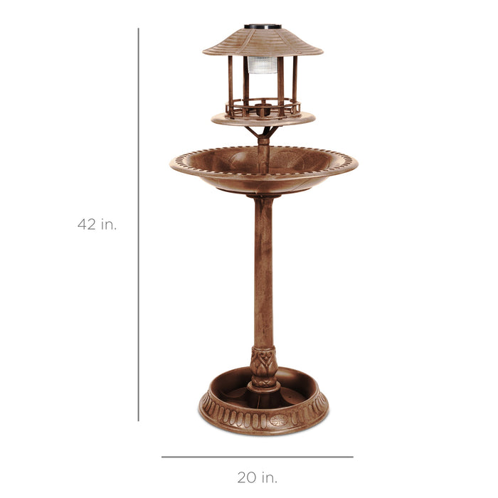 Bain d'oiseaux sur piédestal d'extérieur éclairé à l'énergie solaire avec jardinière et cage à oiseaux décorative