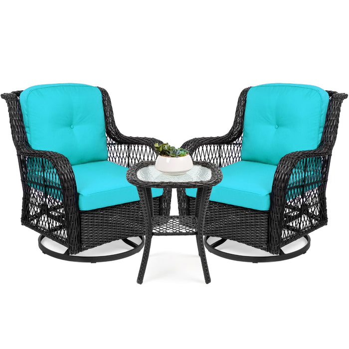 3-Piece Patio Wicker Bistro Furniture Set w/ 2 Swivel Rocking Chairs, Table