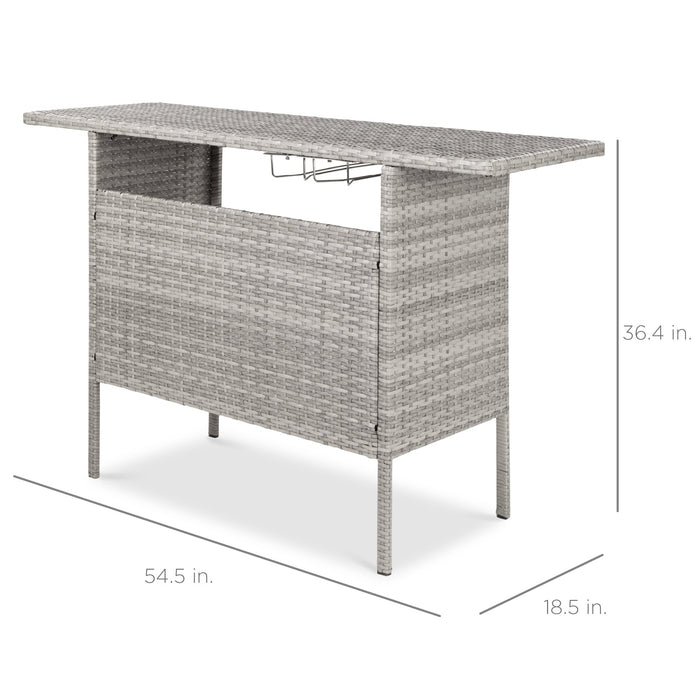 Table de bar d'extérieur en osier avec 2 étagères en acier et 2 rails