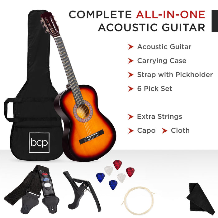 Beginner Acoustic Guitar Set w/ Case, Strap, Strings - 38in