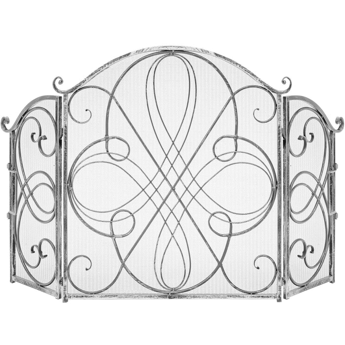 3-Panel Wrought Iron Metal Fireplace Screen Cover w/ Scroll Design - 55x33in