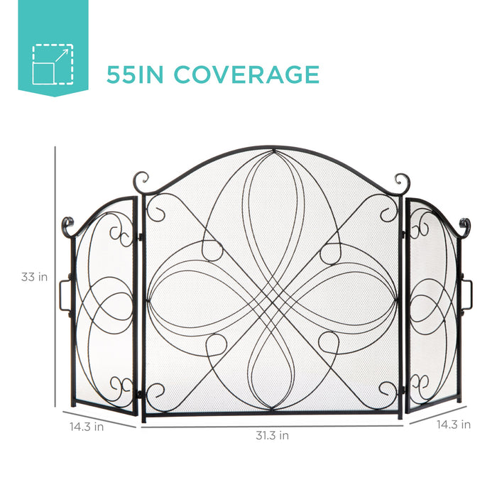 3-Panel Wrought Iron Metal Fireplace Screen Cover w/ Scroll Design - 55x33in