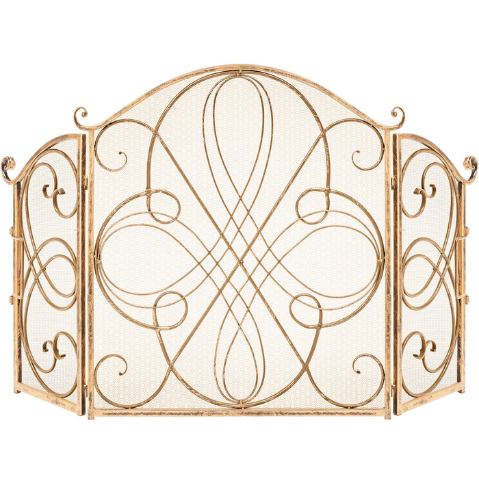 3-Panel Wrought Iron Metal Fireplace Screen Cover w/ Scroll Design - 55x33in