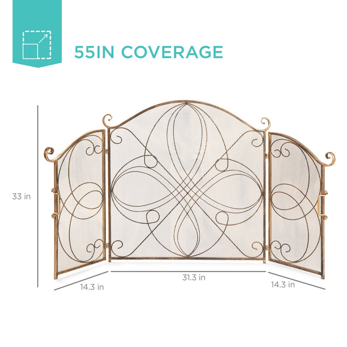 3-Panel Wrought Iron Metal Fireplace Screen Cover w/ Scroll Design - 55x33in