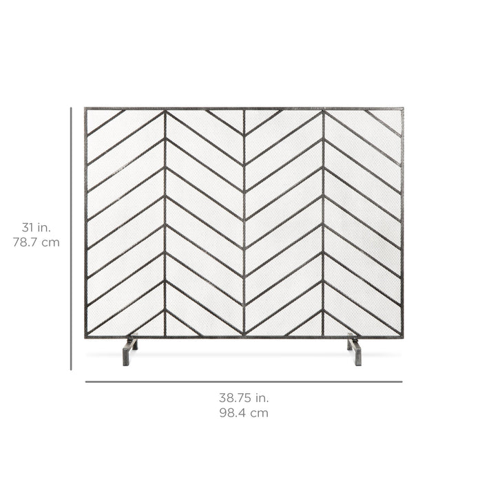 Single Panel Iron Chevron Fireplace Screen w/ Antique Finish - 38x31in