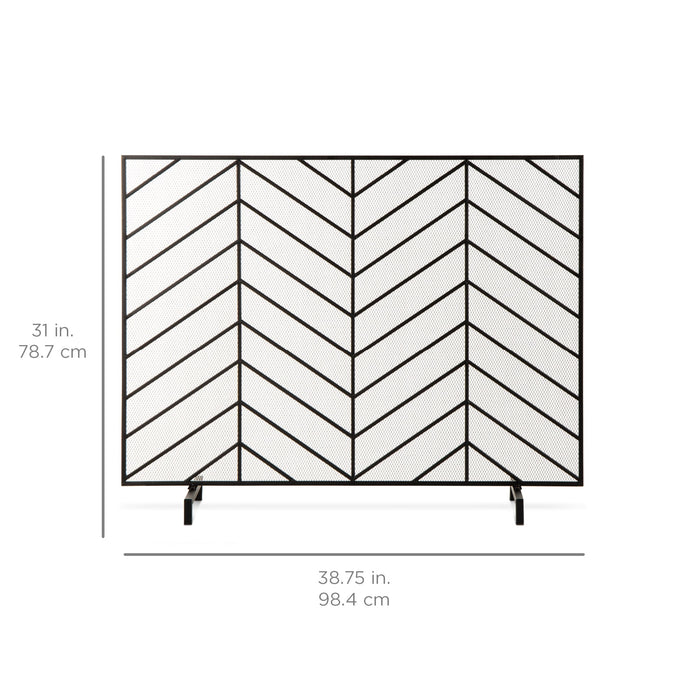 Single Panel Iron Chevron Fireplace Screen w/ Antique Finish - 38x31in