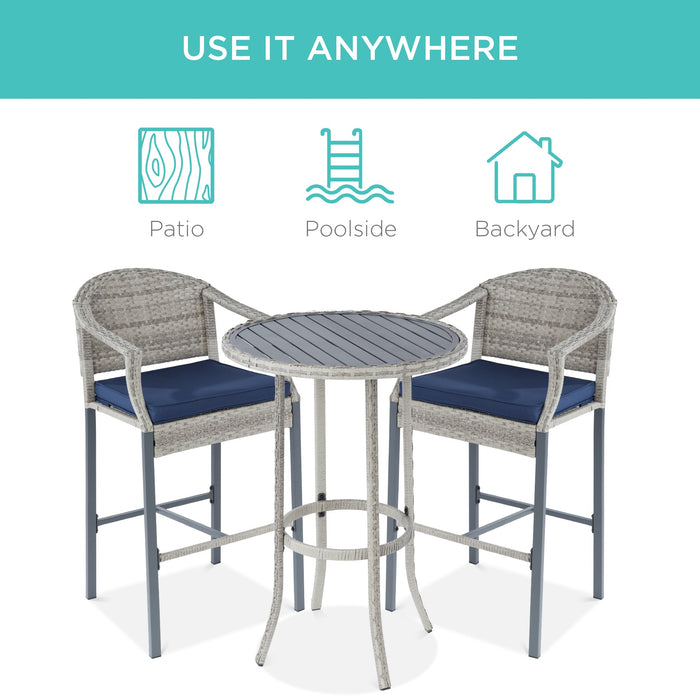 3-Piece Outdoor Bistro Wicker Table Bar Set w/ Bar Stools, Footrests