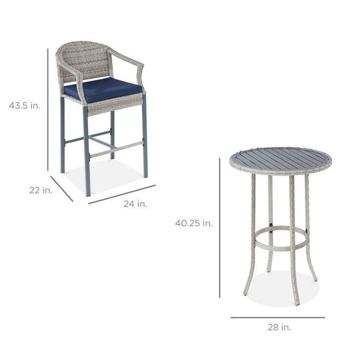 3-Piece Outdoor Bistro Wicker Table Bar Set w/ Bar Stools, Footrests