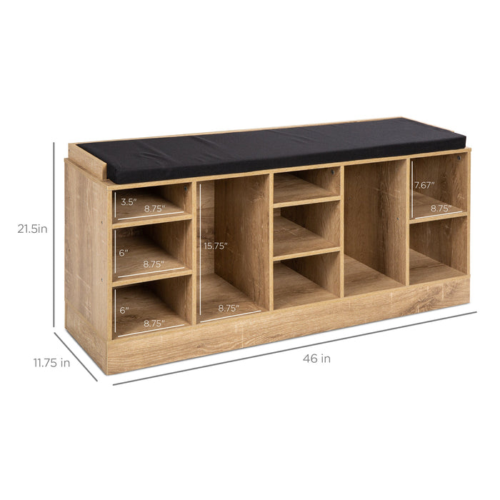 Shoe Storage Rack Bench w/ Padded Seat, 10 Cubbies - 46in