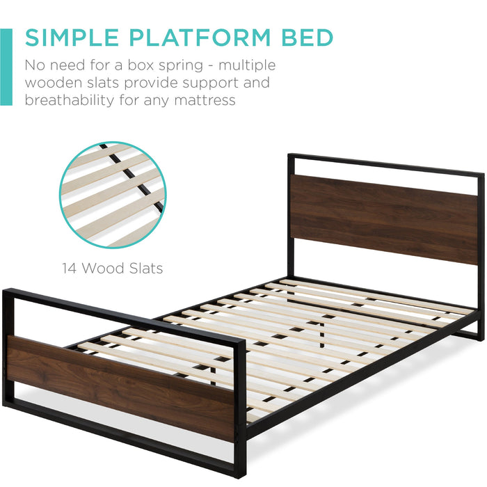 Metal Wood Platform Queen Bed Frame w/ Wooden Slats