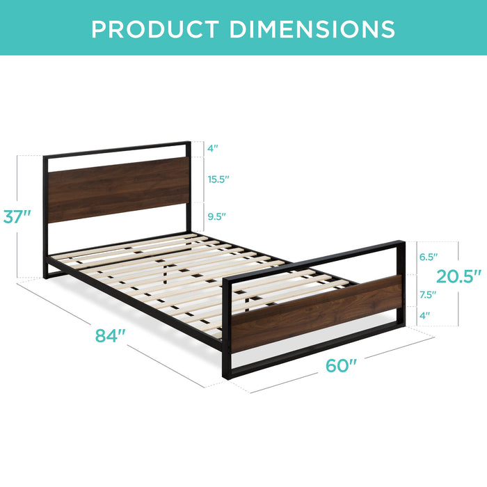 Metal Wood Platform Queen Bed Frame w/ Wooden Slats