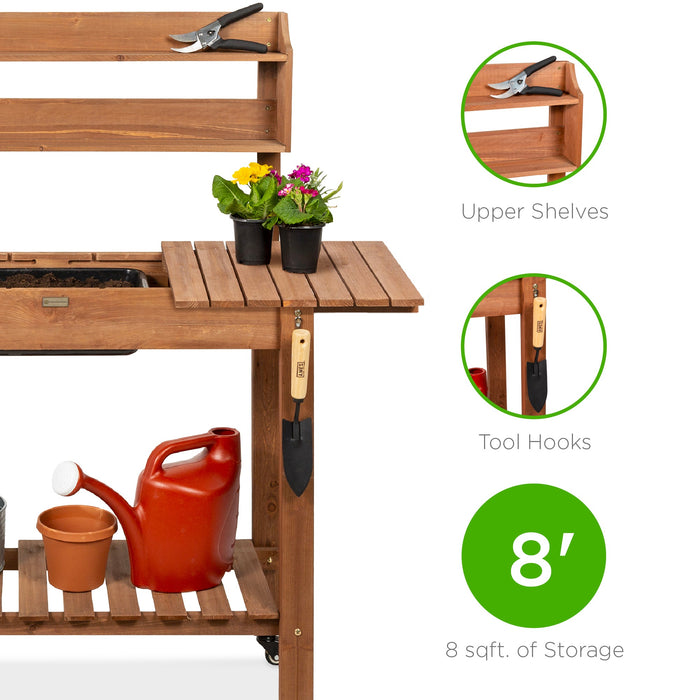 Wood Garden Potting Bench w/ Sliding Tabletop, Food Grade Dry Sink, Wheels