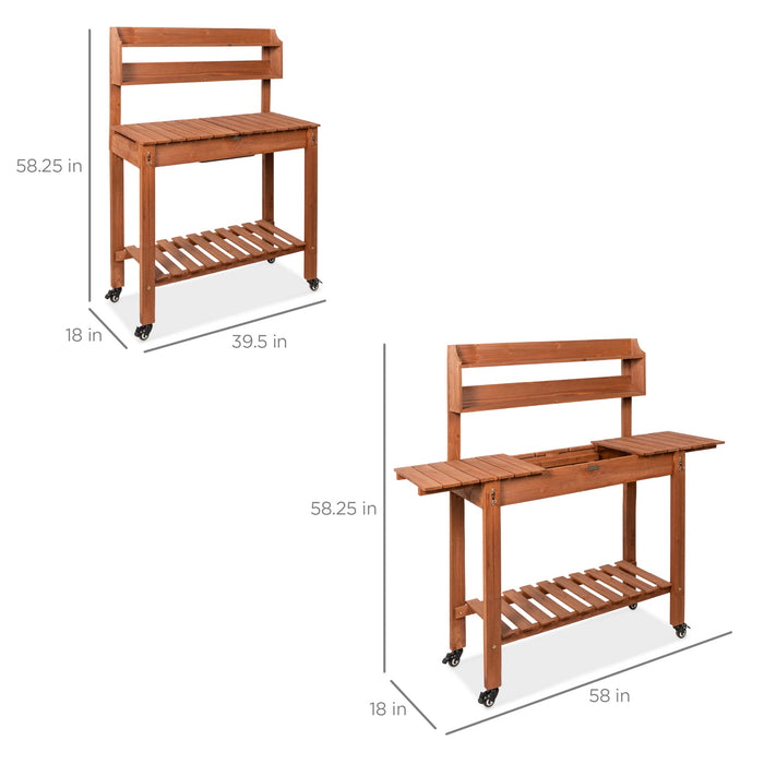 Wood Garden Potting Bench w/ Sliding Tabletop, Food Grade Dry Sink, Wheels