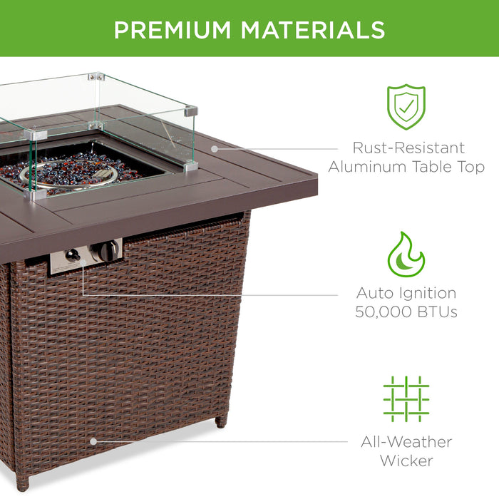 32in Fire Pit Table 50,000 BTU Wicker Propane w/ Wind Guard, Cover